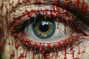 un' vicino su di un' sanguinoso occhio con sangue su esso generativo ai foto