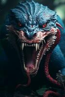 un' vicino su di un' blu e rosso serpente con suo bocca Aperto generativo ai foto