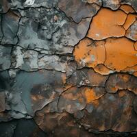 un' vicino su di un' Cracked parete con arancia e nero dipingere generativo ai foto