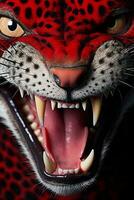 un' vicino su di un' giaguaro con suo bocca Aperto generativo ai foto