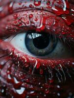 un' vicino su di un' rosso occhio con acqua goccioline su esso generativo ai foto