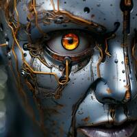 un' vicino su di un' robot viso con arancia occhi generativo ai foto