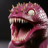 un' vicino su di un' giocattolo dinosauro con acuto denti generativo ai foto