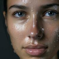 un' vicino su di un' donna con acqua su sua viso generativo ai foto