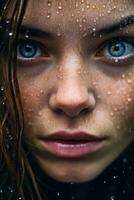un' vicino su di un' womans viso con pioggia gocce su esso generativo ai foto