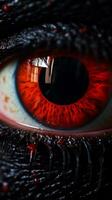 un' vicino su di un occhio con rosso iris generativo ai foto