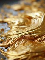 un' vicino su Visualizza di un' oro liquido su un' nero superficie generativo ai foto