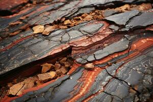 un' vicino su Visualizza di un' roccia con rosso e nero strisce generativo ai foto