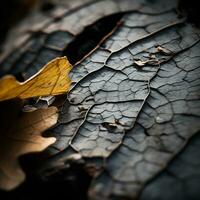 un' vicino su Visualizza di un autunno foglia su un' crepa nel il terra generativo ai foto