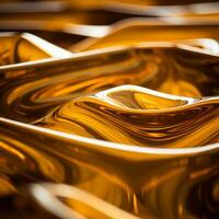 un' vicino su Visualizza di alcuni oro liquido su superiore di un' tavolo generativo ai foto