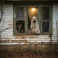 un' fantasma cane sembra su il finestra di un vecchio Casa generativo ai foto