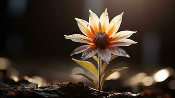 un' fiore con acqua goccioline su esso nel il buio generativo ai foto