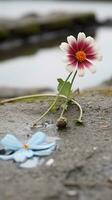 un' fiore è seduta su il terra Il prossimo per un' blu e bianca fiore generativo ai foto