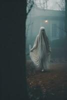 un' fantasma a piedi attraverso il boschi nel il nebbia generativo ai foto