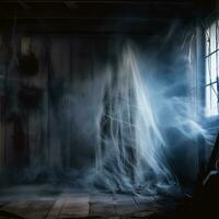 un' spettrale figura nel un' buio camera con Fumo In arrivo su di il finestra generativo ai foto