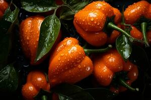 un' gruppo di arancia peperoni con acqua goccioline su loro generativo ai foto