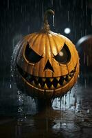 un' Halloween Jack o lanterna nel il pioggia generativo ai foto