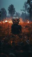 un' Halloween zucca seduta nel il mezzo di un' campo generativo ai foto