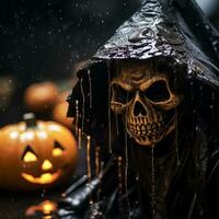 un' Halloween scheletro nel un' incappucciato accappatoio con zucche nel il sfondo generativo ai foto