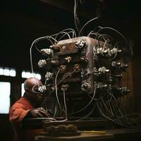 un' uomo Lavorando su un vecchio macchina nel un' laboratorio generativo ai foto