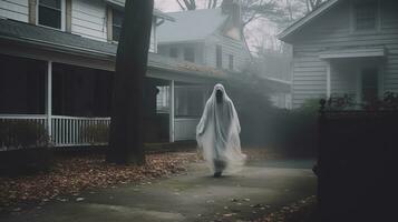 un' persona nel un' fantasma costume a piedi giù un' strada generativo ai foto