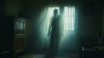 un' persona in piedi nel davanti di un' finestra nel un' buio camera generativo ai foto