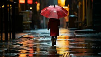 un' persona a piedi giù un' bagnato strada con un ombrello generativo ai foto
