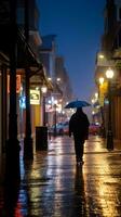 un' persona a piedi giù il strada con un ombrello generativo ai foto