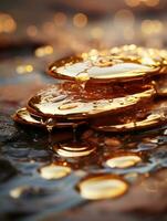 un' mucchio di oro monete seduta su superiore di un' pozzanghera di acqua generativo ai foto