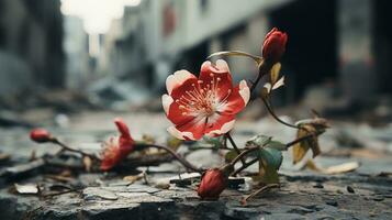 un' rosso fiore si siede su il terra nel un' città strada generativo ai foto