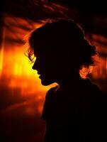 un' silhouette di un' donna nel il buio con il sole nel il sfondo generativo ai foto