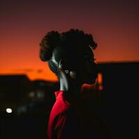 un' silhouette di un' donna con un' mohawk nel davanti di un' tramonto generativo ai foto