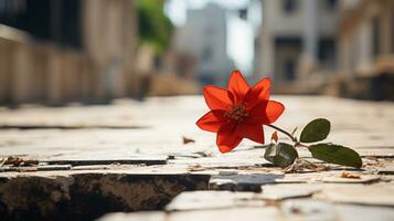 un' singolo rosso fiore si siede su il terra nel un' città strada generativo ai foto