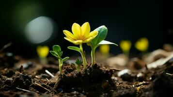 un' piccolo giallo fiore è in crescita su di il terra generativo ai foto