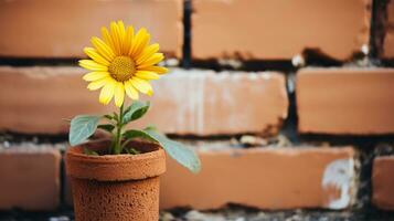 un' piccolo giallo fiore è seduta nel un' argilla pentola generativo ai foto