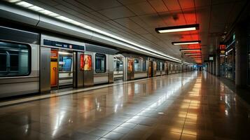 un' metropolitana treno nel un' metropolitana stazione generativo ai foto