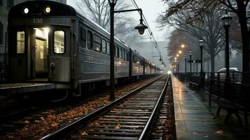 un' treno su un' nebbioso giorno nel il città generativo ai foto