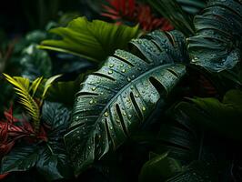 un' tropicale pianta con acqua goccioline su esso generativo ai foto