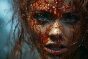 un' donna coperto nel sangue con sua viso coperto nel sangue generativo ai foto
