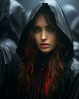 un' donna nel un' nero impermeabile con rosso occhi generativo ai foto