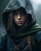 un' donna nel un' incappucciato giacca in piedi nel il pioggia generativo ai foto