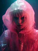 un' donna nel un' rosa impermeabile con neon luci dietro a sua generativo ai foto