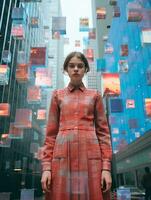 un' donna nel un' rosso vestito in piedi nel davanti di un arte installazione generativo ai foto