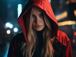 un' donna nel un' rosso felpa con cappuccio in piedi su il strada a notte generativo ai foto