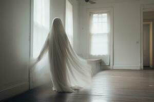 un' donna nel un' bianca vestito è in piedi nel un vuoto camera generativo ai foto