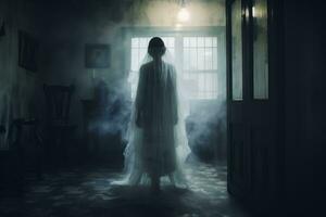 un' donna nel un' bianca vestito in piedi nel un' buio camera generativo ai foto