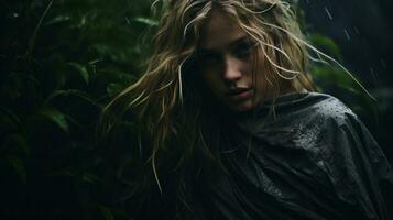 un' donna nel il pioggia con lungo capelli generativo ai foto