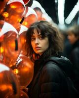 un' donna è in piedi nel davanti di un' mazzo di arancia palloncini generativo ai foto