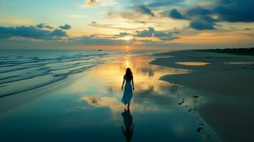 un' donna è a piedi su il spiaggia a tramonto generativo ai foto