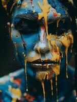 un' donna con blu e giallo dipingere su sua viso generativo ai foto